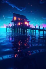 illustration, night seascape fantasy with lanterns and wood bridge