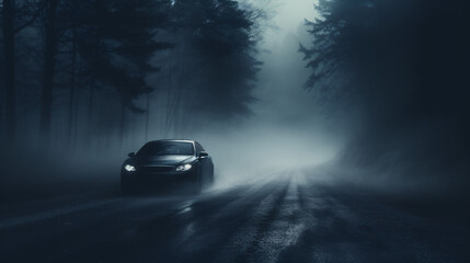Challenging road conditions as a car ventures through thick fog at evening..