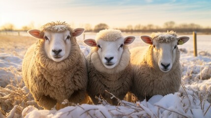 harmony of nature as a group of sheep, their woolly coats dusted with snow, roam freely in the frosty countryside. A tranquil winter's day on the farm - obrazy, fototapety, plakaty