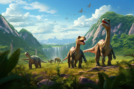 Dinosaurs in the Triassic period age in the green grass land and blue sky background, Habitat of dinosaur, history of world concept.