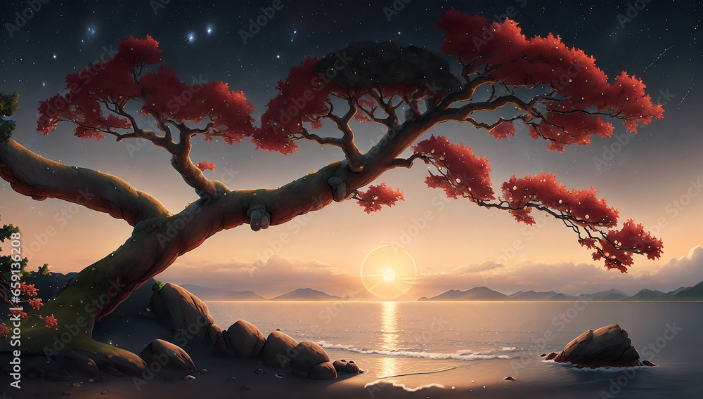 Poster setting sun by the sea with japanese trees and stars in the sky - ai generative