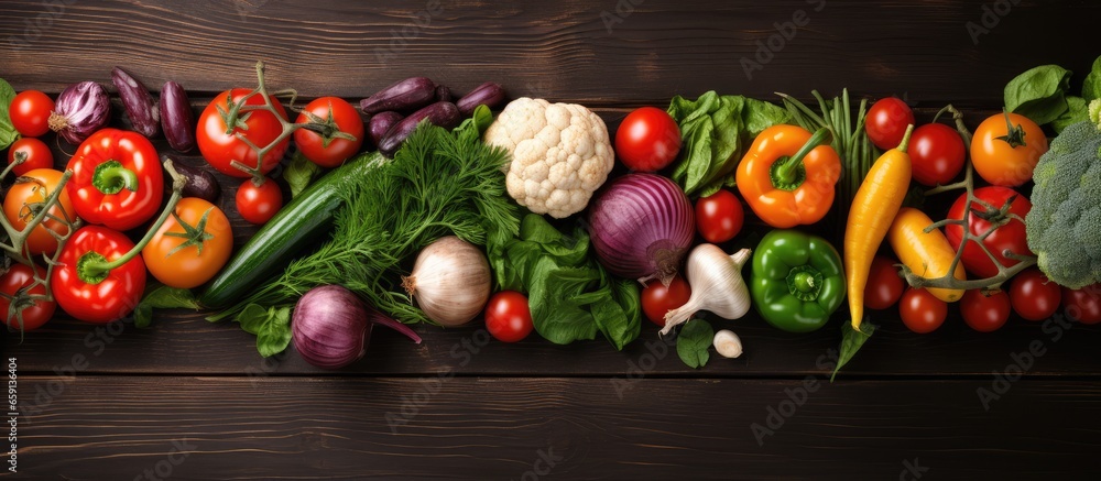 Poster fresh organic vegetables on rustic wood background healthy food on table with space cooking ingredie