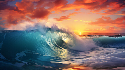 A vivid ocean wave with a crest of sea water, set against the backdrop of a stunning sunset and picturesque clouds.