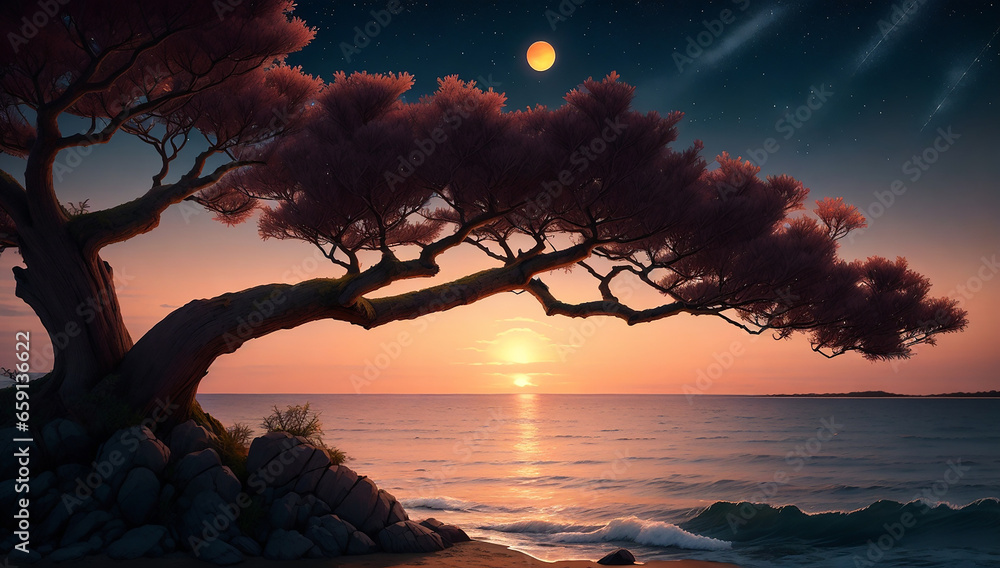 Poster setting sun by the sea with japanese trees and stars in the sky - ai generative