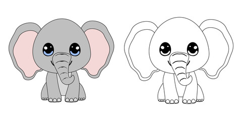 Cute cartoon elephant. Color and black white vector illustration for coloring book