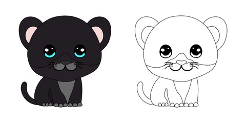 Cute cartoon panther. Color and black white vector illustration for coloring book
