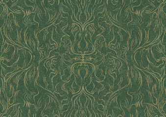 Hand-drawn unique abstract symmetrical seamless gold ornament and splatters of golden glitter on a warm green background. Paper texture. Digital artwork, A4. (pattern: p11-1a)