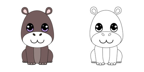Color book with cartoon cute hippopotamus