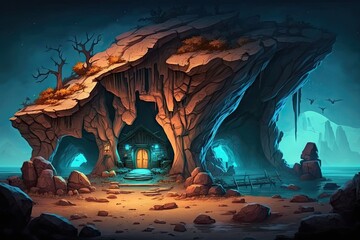 Fantasy cave with a door in the middle