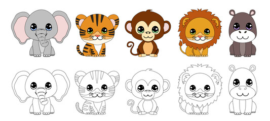 Cute cartoon Wild animals. Color and black white vector illustration for coloring book