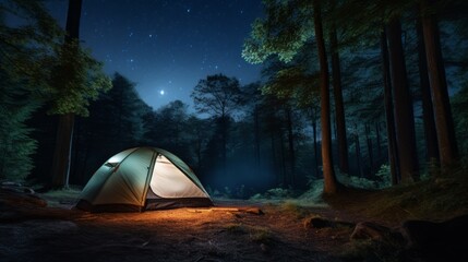 iluminated tent under stars in the mountains and forest