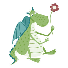 Cute cartoon green dragon with horns and wings. Funny fantasy character, young mythical reptile monster, isolated vector icon on white background.