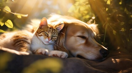 Endearing cat and cute dog lie side by side on sun drenched grass, basking in warmth and harmony of their companionship, heartwarming example of bonds between different creatures
