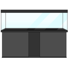 Aquarium Fish Tank and Cabinet sideboard, Clear Glass Fish Tank aquarium complete set. Aquarium with cover and base cabinet and filter graphic illustrations  - obrazy, fototapety, plakaty