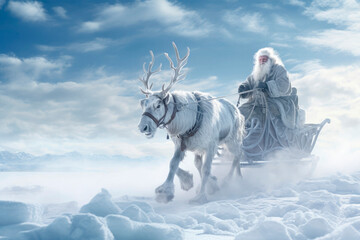 Obraz premium Christmas Adventure: Santa's Sleigh Ride with Rudolph in Snowy Scenic