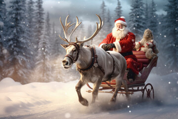 Christmas Adventure: Santa's Sleigh Ride with Rudolph in Snowy Scenic - obrazy, fototapety, plakaty