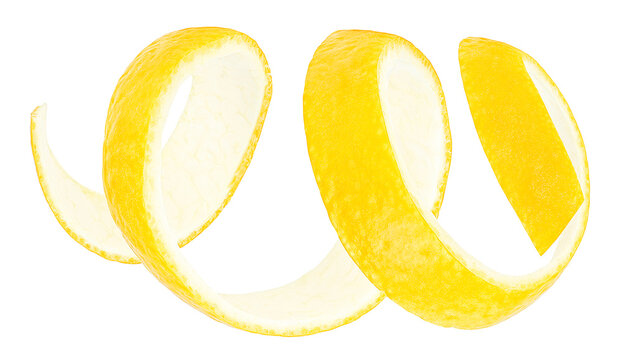 Ripe lemon twist or lemon zest isolated on a white background. Fresh citrus fruit.