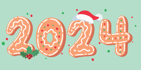 Festive christmas inscription 2024 from gingerbread cookies with icing. Vector illustration