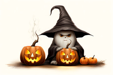 A furry witch and halloween pumpkins - white background