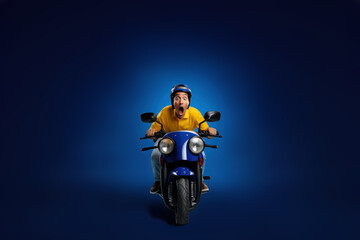 Delivery guy on retro bike in uniform and backpack, isolated on vibrant background.