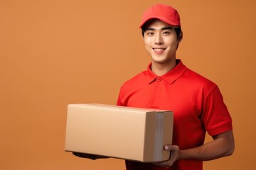 Smiling asian delivery man with cardboard box on yellow background isolated. - obrazy, fototapety, plakaty