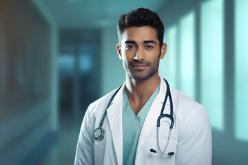 Portrait of a young good looking asian doctor with stethoscope in a hospital - obrazy, fototapety, plakaty