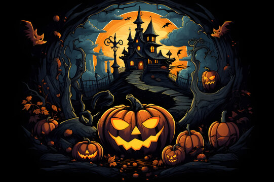 Halloween, moolight night with pumpkins