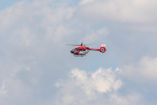 Hannover, Germany - June 30, 2023: DRF Luftrettung Airbus Helicopters H145 helicopter at Hannover Airport (HAJ)  in Germany. Notarzt helicopter 
