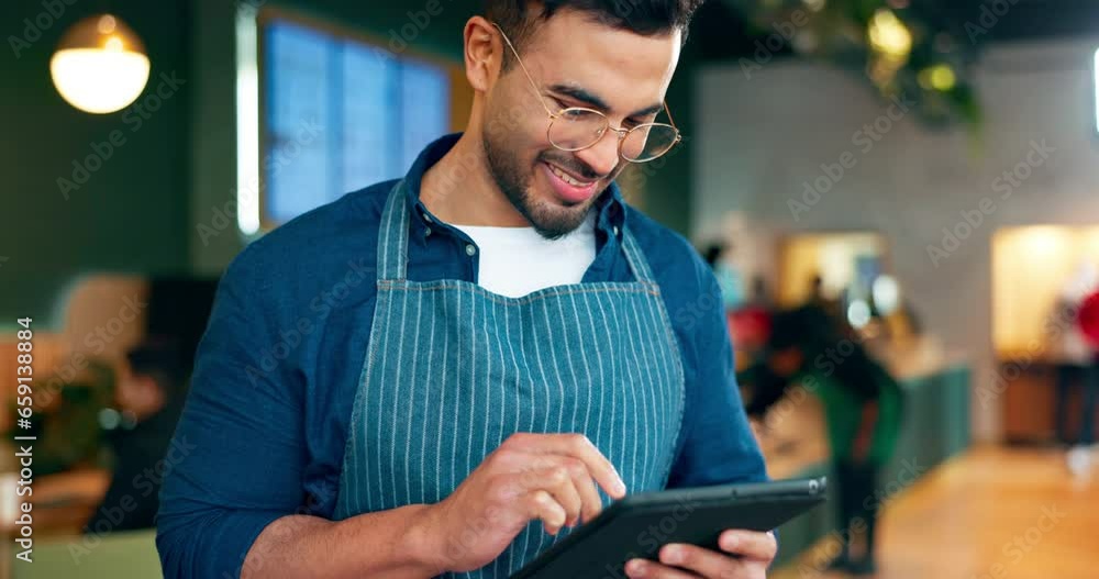 Sticker Cafe, man and business owner on tablet for restaurant sales, online management or customer service reviews. Happy entrepreneur, waiter or barista typing on digital technology for coffee shop startup