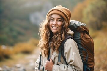 close-up happy Young woman hiking and going camping - obrazy, fototapety, plakaty