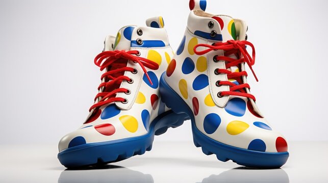 whimsical world of clowning with a close-up of colorful clown shoes on a clean white background, capturing the essence of laughter and entertainment.