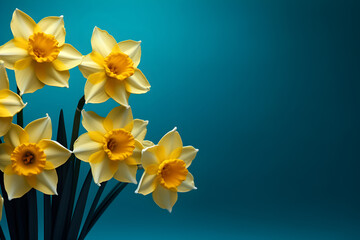 Banner with Yellow daffodils on a blue background. Template. 
