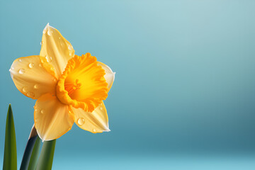 Banner with Yellow daffodil on a blue background. Template. Copy space