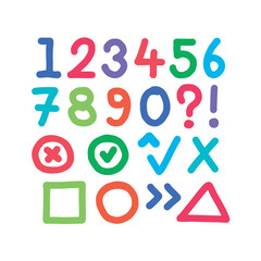 hand drawn 0-9 math numbers. 0-9 numbers and symbols. doodle symbols for education