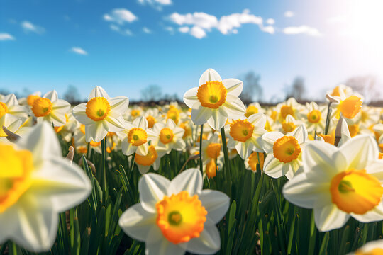 Beautiful daffodil flowers field background. Banner