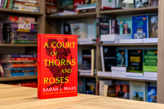 Close up Sarah J. Maas's  A Court of Thorns and Roses fantasy novel in the bookshop.