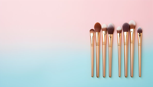 Gold Makeup brushes in a pink and aquamarine background with empty space for text; banner, copy space