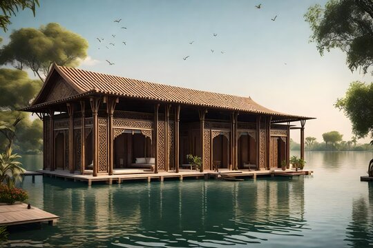 A house suspended over a lake, supported by 4 pillars - AI Generative