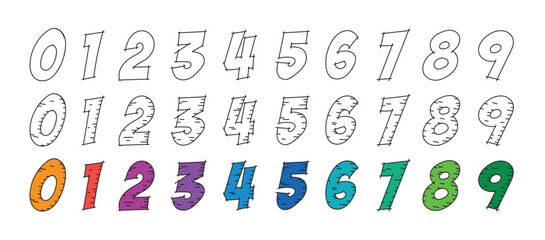 hand drawn 0-9 numbers. scribble 0-9 numbers on white background