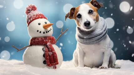 happy dog, a Jack Russell Terrier, in the snowy embrace of nature, sculpting a snowman with boundless enthusiasm. Embody the charm of winter and pet companionship.