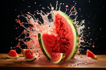 Scattered Fresh watermelon exploding pieces. Organic food. Generate Ai