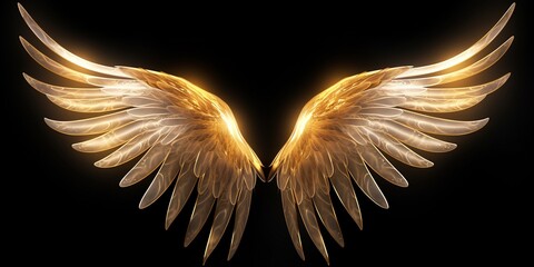 Demon Angel shiny golden hell Wings isolated on black - obrazy, fototapety, plakaty