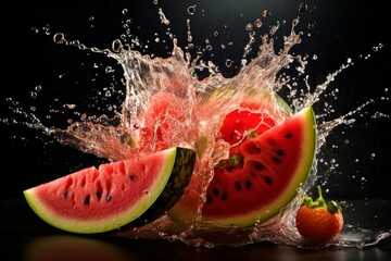 Fresh watermelon exploding pieces. Organic food. Generate Ai
