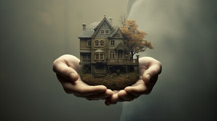 Old haunted abandoned house in human hands, concept of Halloween event, poster and fairy tale in reality. - obrazy, fototapety, plakaty