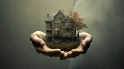 Fotobehang Old haunted abandoned house in human hands, concept of Halloween event, poster and fairy tale in reality. © Jasper W