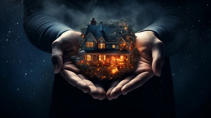 Old haunted abandoned house in human hands, concept of Halloween event, poster and fairy tale in...