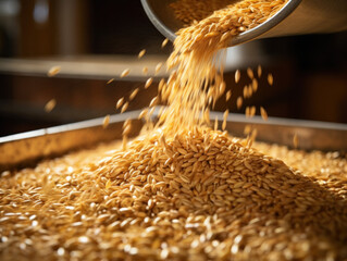A close-up of wheat grain being poured into a storage container. - obrazy, fototapety, plakaty