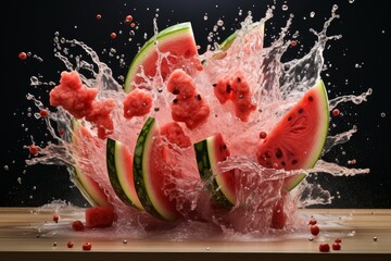 Juicy Fresh watermelon exploding pieces. Organic food. Generate Ai