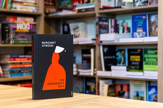 Close-up of Margaret Atwood's The Handmaid's Tale novel in the bookstore.
