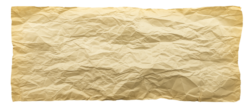 A sheet of old yellowed crumpled paper on a white background. Isolate paper